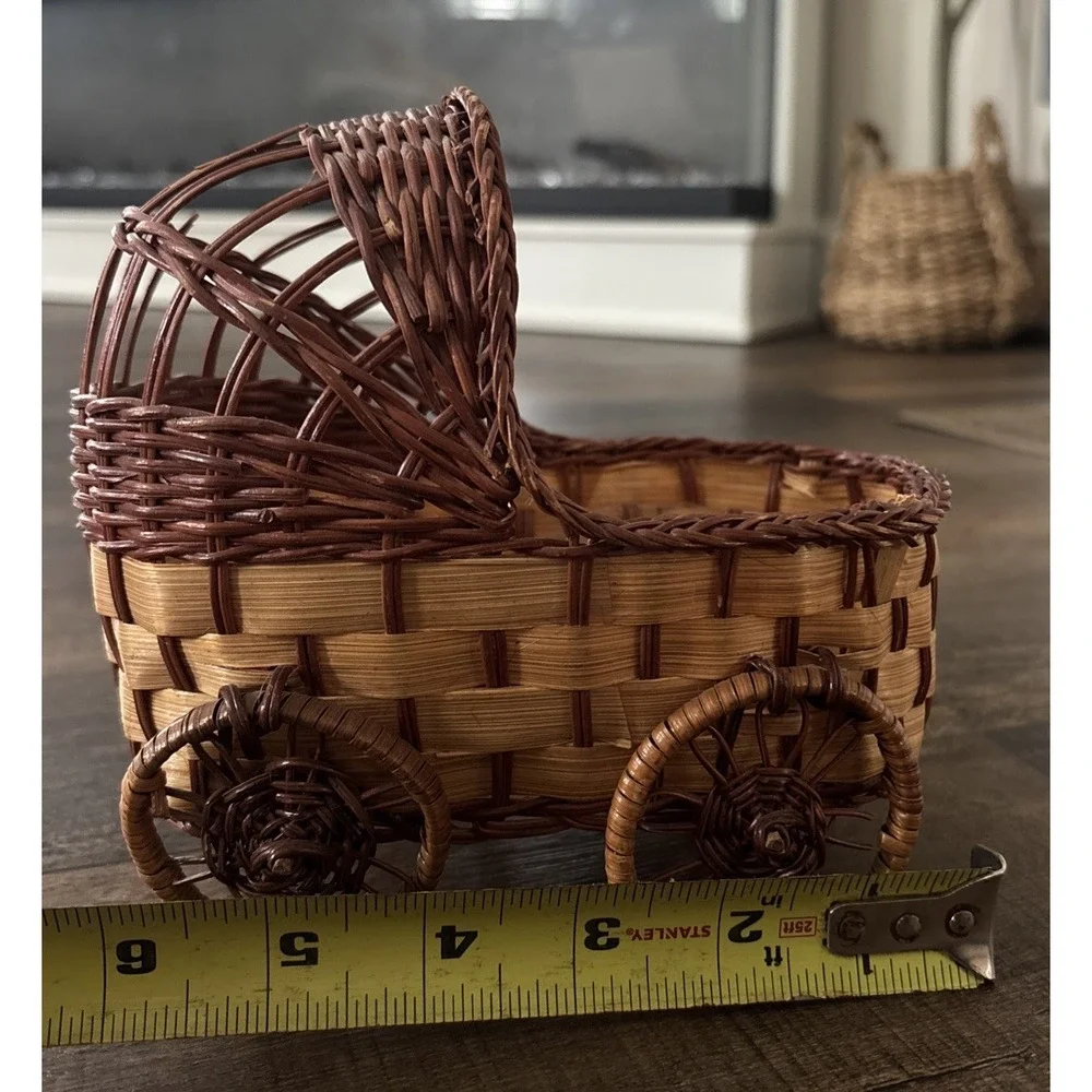 Vtg Wicker Rattan Baby Doll Carriage Small Decor Plant Holder